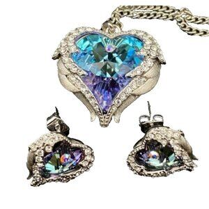 Angel Wing Pendant & Pierced Earring CZ Mystical Puffy Heart White Gold Finish